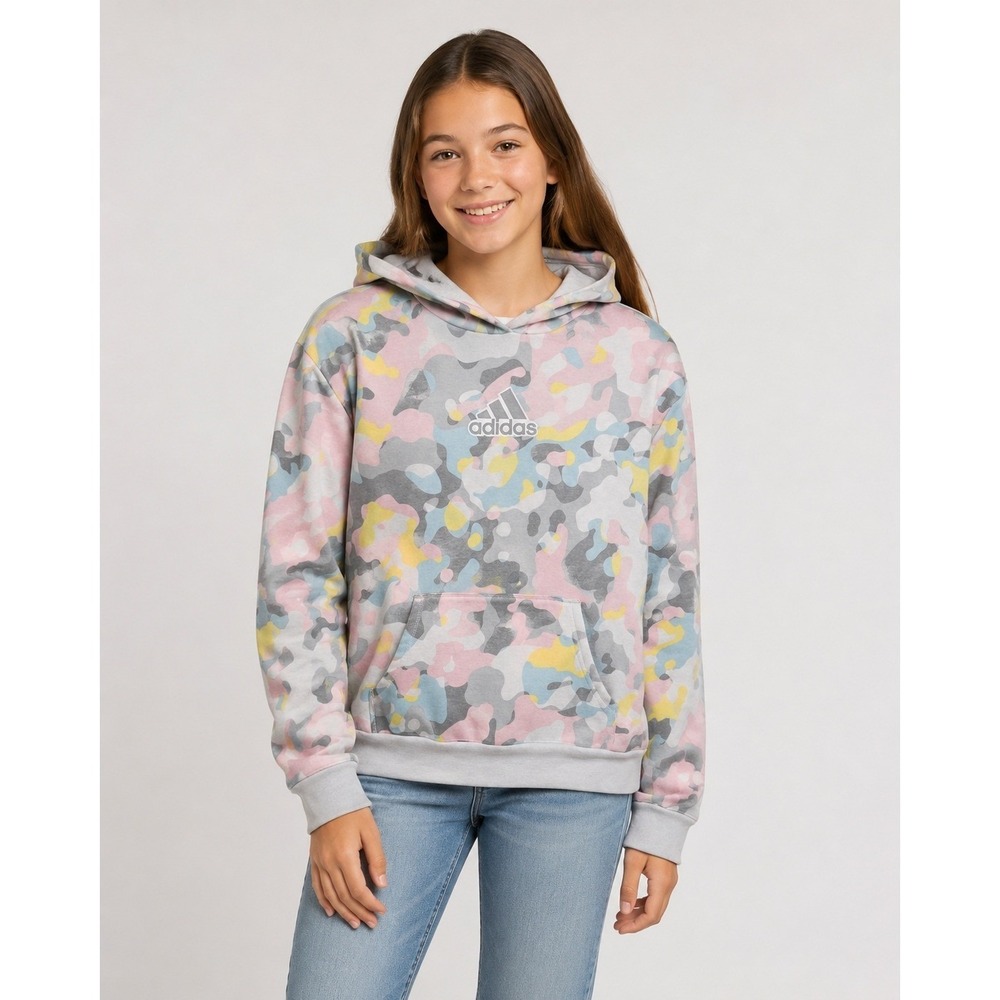 Adidas Hoodie Sweatshirt Girls 14‎ White Pastel Camo Cotton Fleece Lined Hood